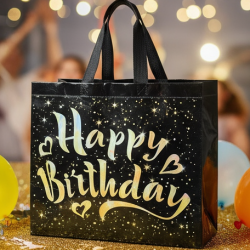 Birthday Gift Bag with Gold Shiny Stars, Reusable Party Gift Bags (1 Pc)