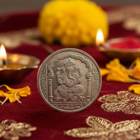 Ganesh Ji, Silver color Coin for Gift & Pooja | Silver Coin | Silver Coin / Diwali Gift (1 Pc / (Metal is not silver)