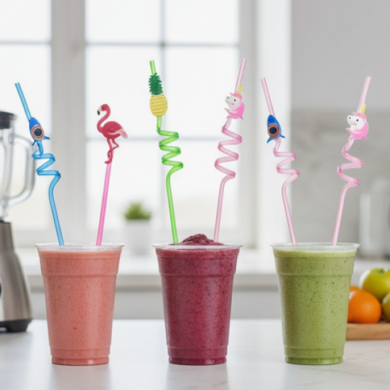 Reusable Plastic Straws (12 pcs Set / Mix Design)