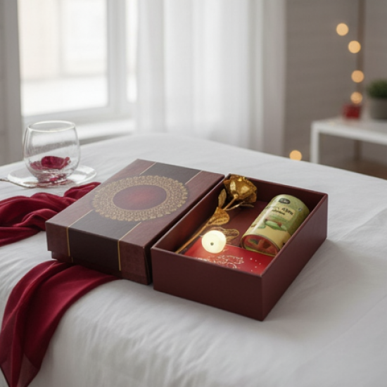 Valentine’s Day Special Gift Box - Heart-Shaped Light, Chocolate Box & Golden Flower