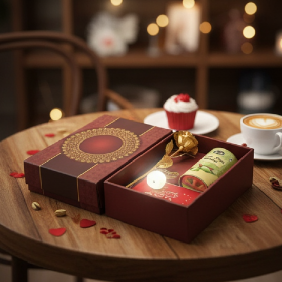 Valentine’s Day Special Gift Box - Heart-Shaped Light, Chocolate Box & Golden Flower